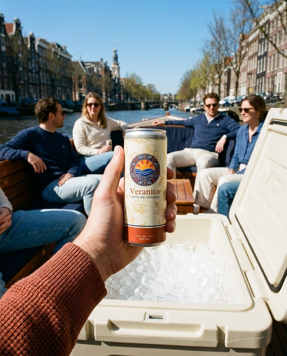 Een Veranito blikje bij een koelbox op een boot op een Amsterdamse gracht